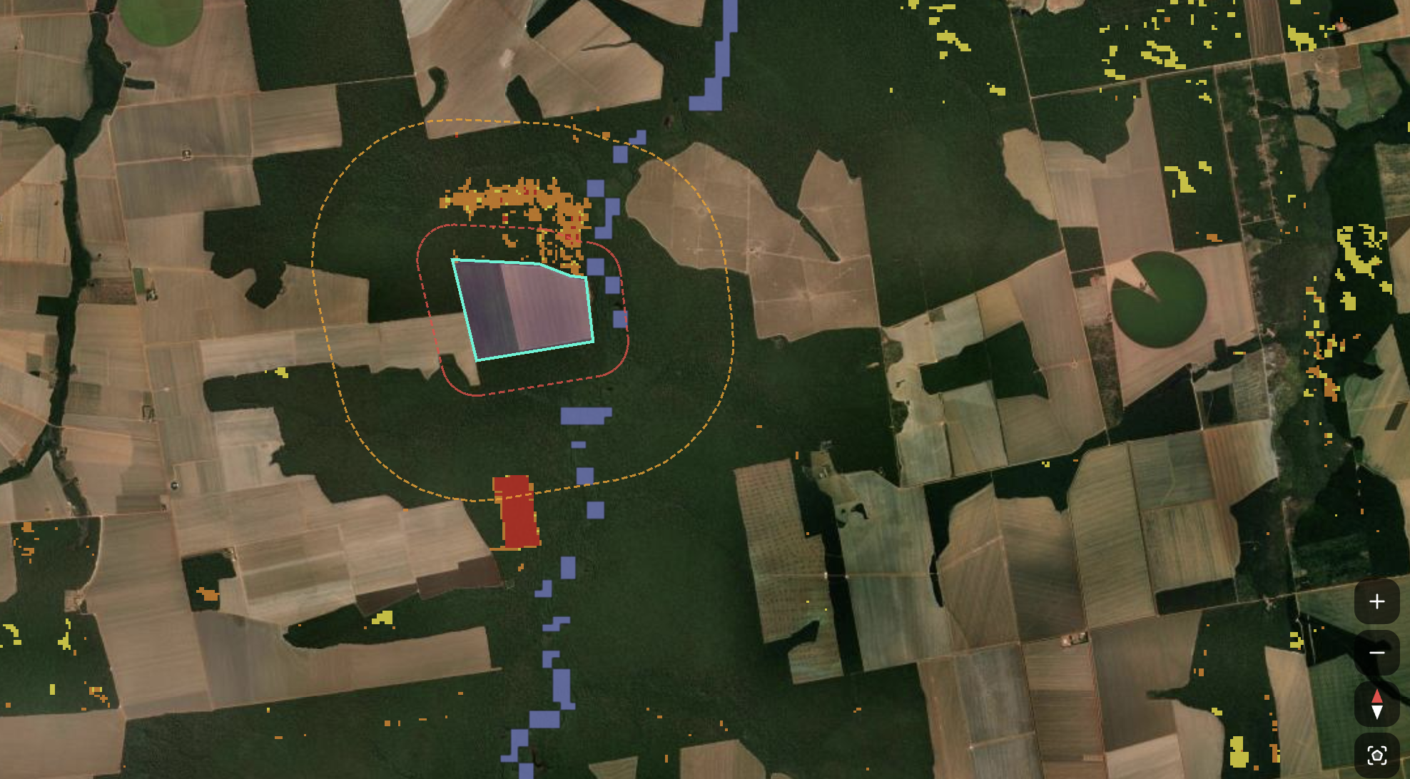 Satellite view of a site boundary with surrounding deforestation alerts and buffer-zone analysis.