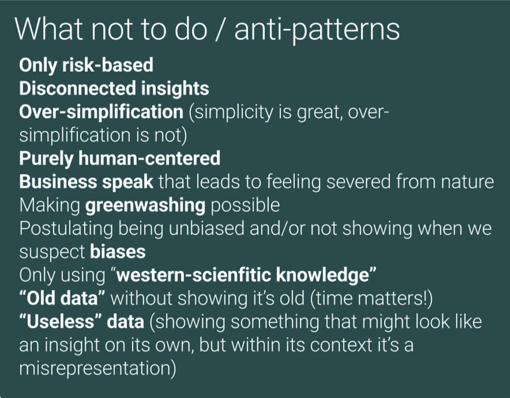Product principles: anti-patterns including only risk-based, disconnected insights, over-simplification, purely human-centered, business speak, greenwashing, hidden biases, western-scientific knowledge only, old data, and useless data.